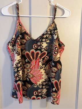 Printed Spaghetti Strap Tank in Navy with Red & Tan Motif